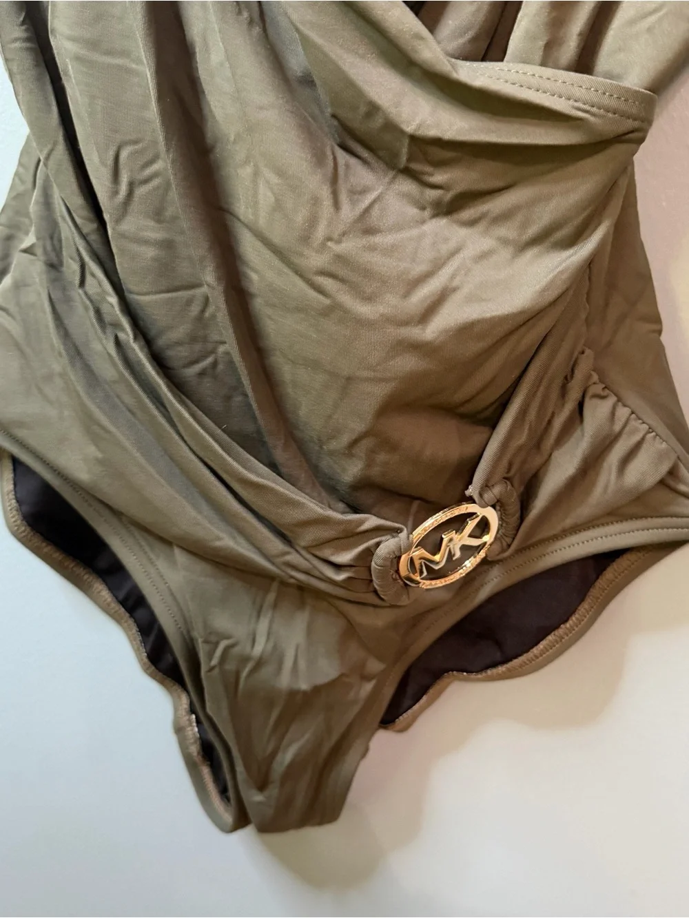 Michael Kors Olive Green V Neck Wrap One Piece Swimsuit Size 8 Gold MK Logo